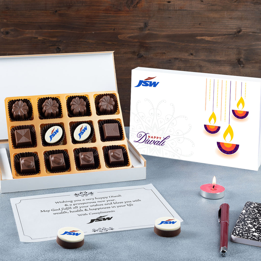 Corporate Diwali Gifts - 12 Chocolate Box - Middle Two Printed Chocolates (Minimum 50 Boxes)